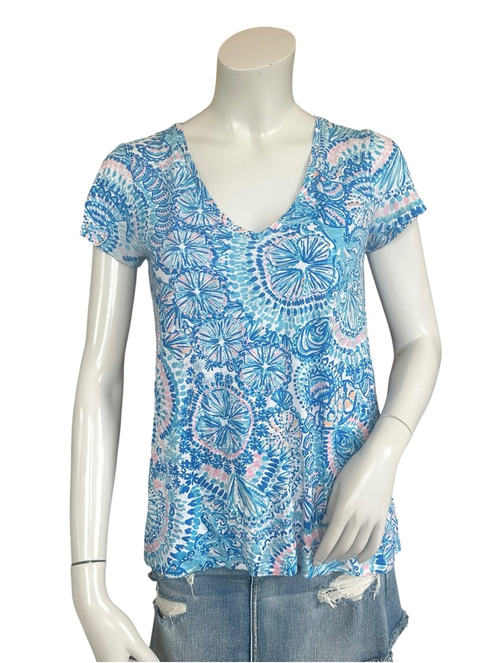 Lilly Pulitzer Etta V-Neck Cotton Top Blue Grotto Commotion In The Ocean Size XS